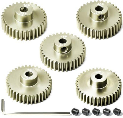 5Pcs 48P Aluminum Alloy Pinion Gear Set 3.175mm 33T 34T 35T 36T 37T Motor Pinion Gear W M4 Screw and Hex Key, Fit 3.175mm (1/8-Inch) Shaft, for Arrma HPI Kyosho Losi Axial Traxxas Tamiya 1/10 RC Car - size: 48P-P-3.175mm-33-37T