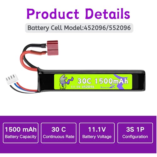 11.1V 452096 1500mAh 30C T Plug Stick Battery for Airsoft Toy Gun AK47 MP5K MP5 Scar M249 AUG AEG M4,M110, SR25,M240B,M60,G36,M14,RPK,PKM,L8 with Mini Tamiya