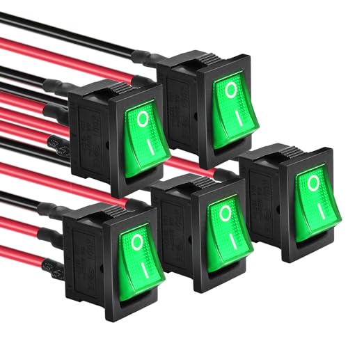 5 Pack Pre-Wired KCD1 On/Off Green LED Boat Rocker Switch | 3-Pin 2-Position Snap In, AC 250V/6A 125V/10A - color: Green, size: AC 250V/6A 125V/10A - Pre-Wired