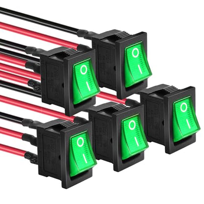 5 Pack Pre-Wired KCD1 On/Off Green LED Boat Rocker Switch | 3-Pin 2-Position Snap In, AC 250V/6A 125V/10A - color: Green, size: AC 250V/6A 125V/10A - Pre-Wired