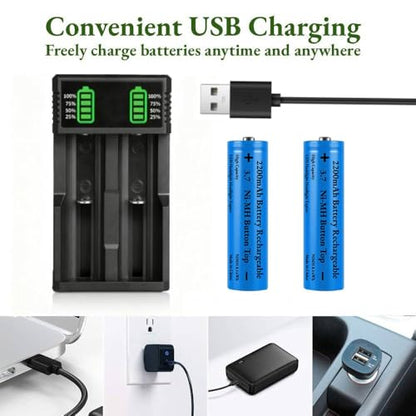 3.7 USB Battery Charger with 2 Pack 3,7 2200mAh Button Top Battery Ni-MH, 2 Bay LCD Display Smart Universal USB Battery Chargers for Flashlights,Headlamps,Doorbells,RC Cars,Outdoor Garden Lights,etc