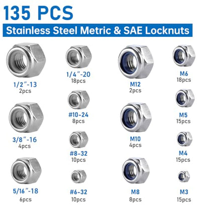 135 Pack 304 Stainless Steel A2-70 Nylon Insert Lock Nuts, SAE & Metric | M3 M4 M5 M6 M8 M10 M12 #6-32 #8-32 #10-24 1/4-20 5/16-18 3/8-16 1/2-13, Anti-Loose for Industrial & Home Fastening - color: Silver, size: Metric&SAE