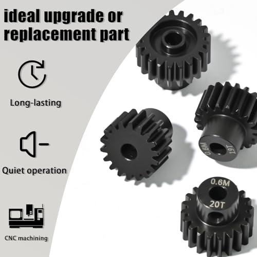 4Pcs 0.6M Hardened Steel Pinion Gear Set 3.175mm 18T 19T 20T 21T Motor Pinion Gear with M4 Screw and Hex Key, Fit 3.175mm (1/8-Inch) Shaft, for Arrma HPI Kyosho Losi Axial Traxxas Tamiya 1/10 RC Car - size: 0.6M-P-3.175mm-18-21T