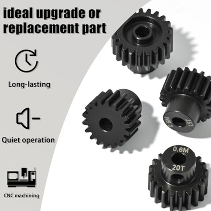 4Pcs 0.6M Hardened Steel Pinion Gear Set 3.175mm 18T 19T 20T 21T Motor Pinion Gear with M4 Screw and Hex Key, Fit 3.175mm (1/8-Inch) Shaft, for Arrma HPI Kyosho Losi Axial Traxxas Tamiya 1/10 RC Car - size: 0.6M-P-3.175mm-18-21T