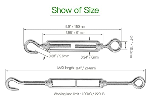6PCS M6 Hook & Eye Turnbuckle 304 Stainless Steel Turnbuckle Wire Rope Tension Heavy Duty Turnbuckles for Cable Railing Wire Rope Hardware Kit (M6, Hook & Eye) - style: Hook & Eye-M-6