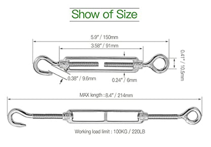 6PCS M6 Hook & Eye Turnbuckle 304 Stainless Steel Turnbuckle Wire Rope Tension Heavy Duty Turnbuckles for Cable Railing Wire Rope Hardware Kit (M6, Hook & Eye) - style: Hook & Eye-M-6