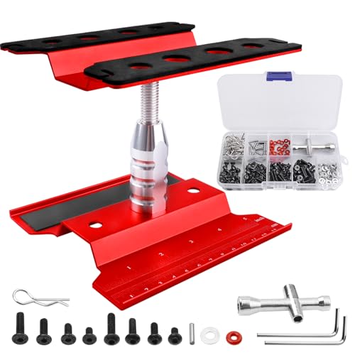 Aluminum Alloy RC Car Repair Work Stand Hobby Tool Set 360 Degree Rotation Lift/Lower and RC Screws Kit Repair Tool Box for 1/8 1/10 1/12 1/16 1/18 RC Car Truck Buggy Models (Red) - color: Red