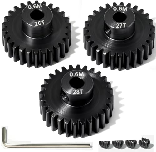 3PCS 0.6M Hardened Steel Pinion Gear Set with 3.175mm Shaft, 0.6 Metric Pitch 26T 27T 28T Pinion Gears for 540 550 Brushed Brushless Motor, Compatible with 1/10 Tamiya Redcat HSP HPI RC Car - size: 26 27 28T