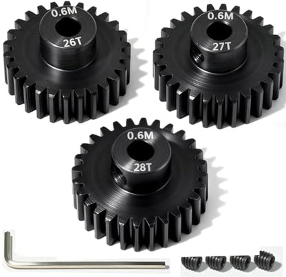 3PCS 0.6M Hardened Steel Pinion Gear Set with 3.175mm Shaft, 0.6 Metric Pitch 26T 27T 28T Pinion Gears for 540 550 Brushed Brushless Motor, Compatible with 1/10 Tamiya Redcat HSP HPI RC Car - size: 26 27 28T