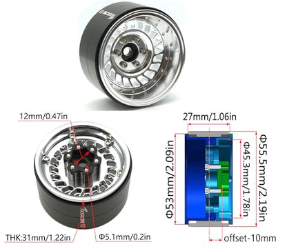 Super Heavy Rc 1.9 Beadlock Wheels Offsets -10mm Rims for 1/10 RC Crawler (Silver) XX - color: Silver