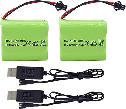 2PCS AA 7.2V 2800mAh Ni-MH High Capacity Battery with SM-2P Plug and 2PCS USB Charging Cable for Toy Tank Engineering, Flat Semi-Trailer Trucks, RC Cars Spare Batteries Pack