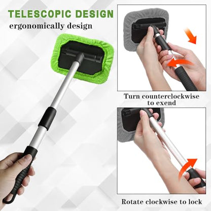 Windshield Cleaning Tool, Car Cleaning Window Tool, Car Window Cleaner with Unbreakable Extendable Handle and Microfiber Cloth, Scratch-Free Car Cleaning Brush for Auto Glass Wiper (Green) - color: Green