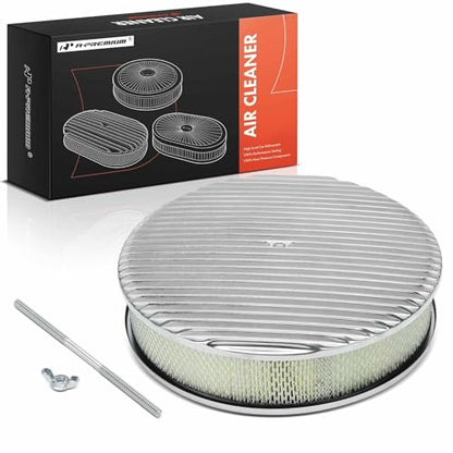 A-Premium Universal Air Cleaner Filter Assembly | 14" x 3", Round Polished Air Cleaner, with Recessed Style Base