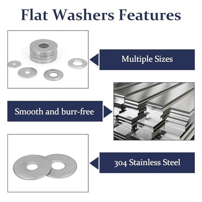 ZQZ 290Pcs Flat Washers, 304 Stainless Steel Fender Washers Assortment, 15 Different Sizes Wide Washer M3 M4 M5 M6 M8 M10 M12 Assorted Flatwashers Kit - size: 15 Sizes 290 Pieces