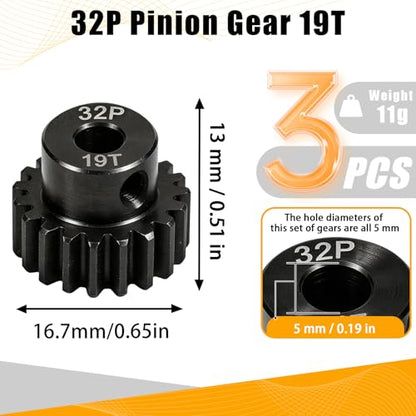32P 19T RC Car Gear Set | 45# Steel Black Oxide | 5mm Bore +0.03mm | Precision Engineered Motor Pinion Gear Compatible with Traxxas/ARRMA/HPI/Kyosho (3-Pack with M4 Set Screws) - style: 3Pcs 19T