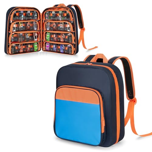 CURMIO Toy Cars Backpack Compatible with Monster Jam Trucks Up to 37pcs | Truck Carrying Case for 1:64 Scale Toy Cars, with 8 Transparent Pockets and Front Pocket, Home Use & Travel, Empty Bag