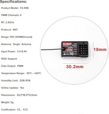 Flysky FS-R4B Receiver 2.4GHz 4CH ANT for RC Car/Boat | ANT Protocol with 4 PWM Channels. Single Antenna for Stable Signal. Real‑time Data Transmission for FS‑G7P & FS‑ST8