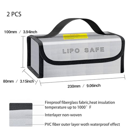 2PCS 230x80x100mm Lipo Battery Safe Bag Fireproof Charging Bag for RC Lipo Battery Pack Storage Charging Transport, Home Office Travel Lipo Safe Storage Pouch - size: 230x80x100mm (2 pcs)