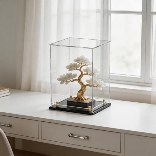 Acrylic Display Case with Raised Shelf, Clear Display Box with Black Base & Gold Standoffs, Dustproof Showcase for Collectibles, Figures, Model Cars – Easy Assembly (8×8×12 Inch) - size: 8"L x 8"W x 12"H