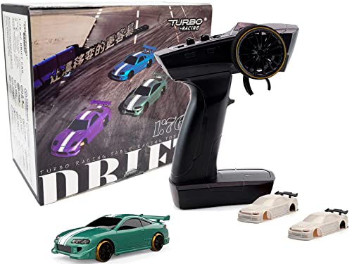 FLYCOLOR Turbo Racing C62 1:76 Scale Drift RC Car with Gyro Mini Full Proportional RTR 2.4GHZ Remote Control with 2 Replaceable Body Shell(Grayish Green) - color: Green2-drift