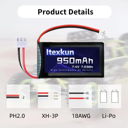 SCX24 Battery 2 PCS 7.4V 950mAh 35C Li-po Batteries with PH2.0 Plug for Axial SCX24 RC Truck with 2S Charger