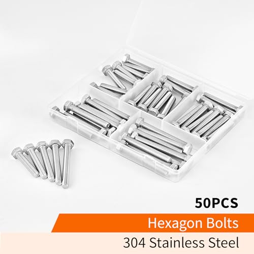 M6 x 30mm 35mm 40mm 45mm 50mm Heavy Duty Hexagon Bolts Hex Head Screws, 304 Stainless Steel, Metric, Machine Fully Thread, Bright Finish, Assortment Kit 50PCS - size: M6 x 30/35/40/45/50mm (50PCS)