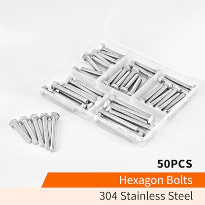 M6 x 30mm 35mm 40mm 45mm 50mm Heavy Duty Hexagon Bolts Hex Head Screws, 304 Stainless Steel, Metric, Machine Fully Thread, Bright Finish, Assortment Kit 50PCS - size: M6 x 30/35/40/45/50mm (50PCS)