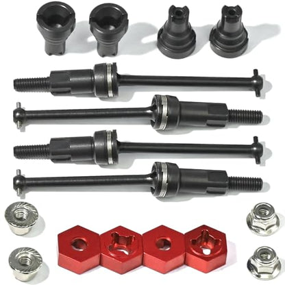 Hardened Steel CVD Drive Shafts Set with Adapters, Nuts, Center Drive Cups, Front Rear Dogbone Driveshaft Axles Upgrades Part for 1/16 Mojave Grom ARA2304, ARA2304S, ARA2104 (Black,Red) - color: Black-red