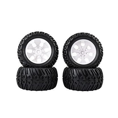 RC Tires & Wheels Set, Silver Plated Rims, 4PCS | 1/10 Scale, 12mm Hex, Monster Truck & Short Course, Foam Inserts - color: White