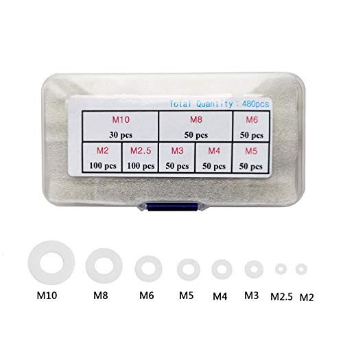 LGEGE Clear Pack of 480 White Nylon Flat Washer Assortment Shim Kit for M2 M2.5 M3 M4 M5 M6 M8 M10 Screw Bolt, Round Insulation Spacer