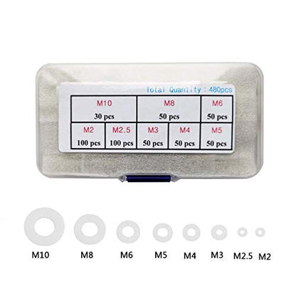 LGEGE Clear Pack of 480 White Nylon Flat Washer Assortment Shim Kit for M2 M2.5 M3 M4 M5 M6 M8 M10 Screw Bolt, Round Insulation Spacer