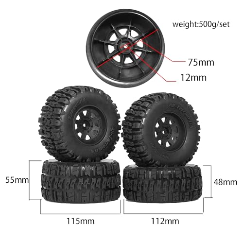 1/10 RC Short Course Truck Tires and Plastic Wheels 12mm Hex Off Road Front and Rear Tyres OD 115mm for 1:10 Scale Buggy Truck Car TRAXXAS Slash4X4 HuanQi 727 ARRMA SENTON 3S Losi 4PCS