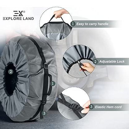 Explore Land Tire Cover with Handle - Seasonal Spare Tire Bag, Heavy Duty Winter Wheel Storage Tote Against Dust and Scratches, 4 Pack (Fits Diameters 23''-25.75'', Charcoal) - size: S (Fits Tire Diameters 23''-25.75''), style: Tire Storage Bag-Charcoal