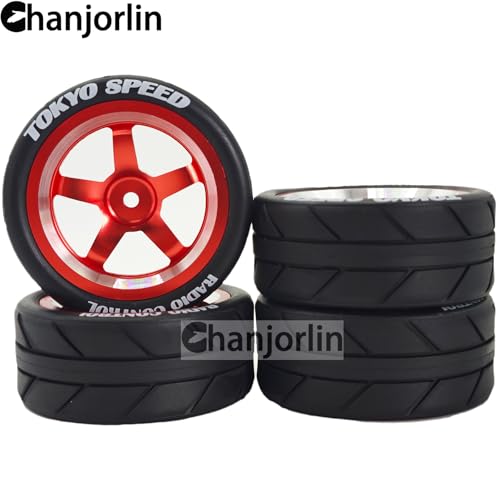 1/10 On Road Racing Tires And 5-Spoke Aluminum Wheels 12mm Hex OD 2.56" RC Touring Tyres For 1:10 Rally Street Drift Car Tamiya TT01 TT02 XV01 A959 PTG2 KYOSHO HSP Traxxas 4PCS (Red) - color: Red