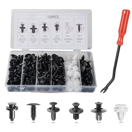 OTUAYAUTO 120PCS Nylon Push-Type Bumper Retainer Clips | Universal Car Truck Fender Shield Rivets, Assorted Door Panel Push Pins, Automotive Trim Fasteners with Trim Remover Tool Kit - size: 120Pcs 6 Sizes Clips with 1 Remover