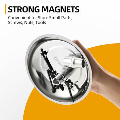GRENPRO 4-Pack Magnetic Parts Tray Set, Heavy-Duty 3"/6" Round & Square | Stainless steel trays with extra strong magnet hold nuts, bolts, screws; anti-slip base for workshop and auto repair storage - style: Assorted (Round, Square, Shallow)