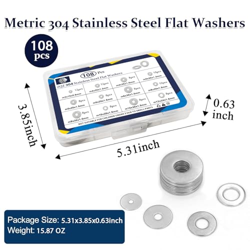 ZQZ 108Pcs Flat Washers, 304 Stainless Steel Fender Washers Assortment, 12 Different Sizes Wide Washer M3 M4 M5 M6 M8 M10 M12 Assorted Flatwashers Kit - size: 12 Sizes 108 Pieces