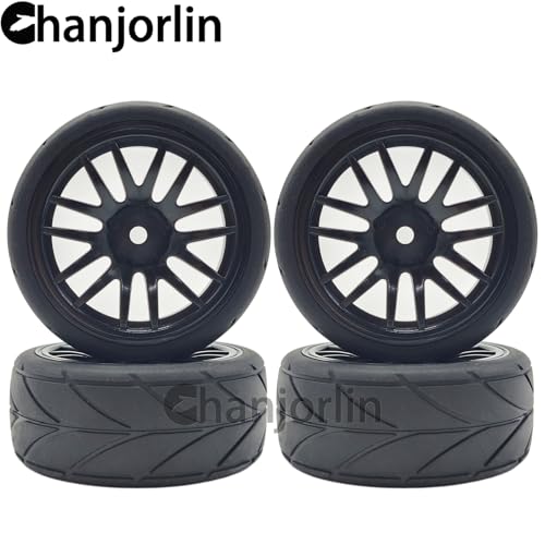 RC 1/10 On Road Touring Tires & Wheels 12mm Hex Hard Plastic Rims OD 65mm Street Racing Tyre for 1:10 1/12 Rally Drift Car Tamiya TT01 TT02 Traxxas XV02 XV01 HPI KYOSHO PTG2 4PCS (Black) - color: Black