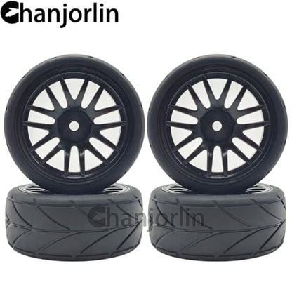 RC 1/10 On Road Touring Tires & Wheels 12mm Hex Hard Plastic Rims OD 65mm Street Racing Tyre for 1:10 1/12 Rally Drift Car Tamiya TT01 TT02 Traxxas XV02 XV01 HPI KYOSHO PTG2 4PCS (Black) - color: Black