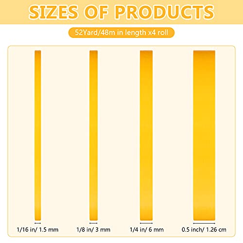 Epakh 4 Pack Masking Tape Pinstripe 1/16 1/8 1/4 1/2 Inch,Yellow,52 Yd | For Automotive Painting Models Crafts, Precise Pinstriping Lines, Multi-surface DIY Labeling, Flexible Backing, Clean Peel - color: Yellow, size: 52 yd