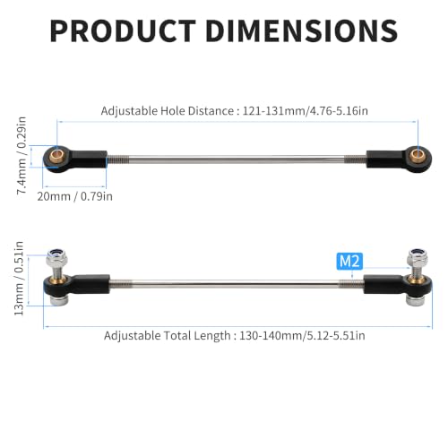 2 Pcs RC Toy Push Rod, M2x110mm Tie Rods Black Ball Head Joint | 130-140mm Adjustable, 304 Servo Linkage Link Rods, Double Plastic Ball Head, for RC Cars, Planes, Helicopters, DIY Models - color: M2×110mm Rod