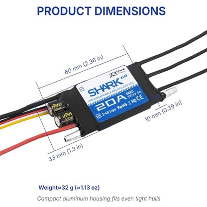 ZTW Shark G2 20A ESC 2-4S Built-in Swithcing BEC 5V/6V 4A Water-Cooling Bidirectional Waterproof Brushless Speed Controller for RC Boat Marine - size: 20A