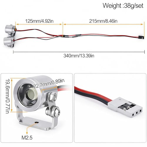 AMK 1/10 RC Crawler LED Lights, 2Pcs 3W Aluminum Headlights Spotlight, 5-12V RC Light Kit with Receiver or 2S/3S Power for Axial SCX10 90046 RC4WD D90 TRX4 TRX6 DIY Upgrade Accessories (Silvery) - color: Silvery