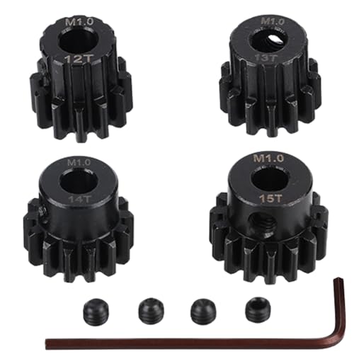 Mod 1 M1 Pinion Motor Gear Set 4pcs 12T 13T 14T 15T Fit 5mm RC Motor Shaft M1 Pitch Gears for RC Car, with Hex Key