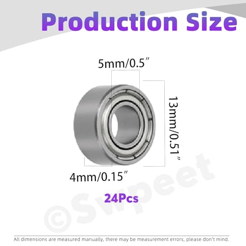 Swpeet 24Pcs 624ZZ Ball Bearings Assortment Kit, 4 x 13 x 5mm Carbon Steel Deep Groove Bearings, Miniature Bearings, Double Shielded - size: 624ZZ-24PCS, style: Carbon Steel