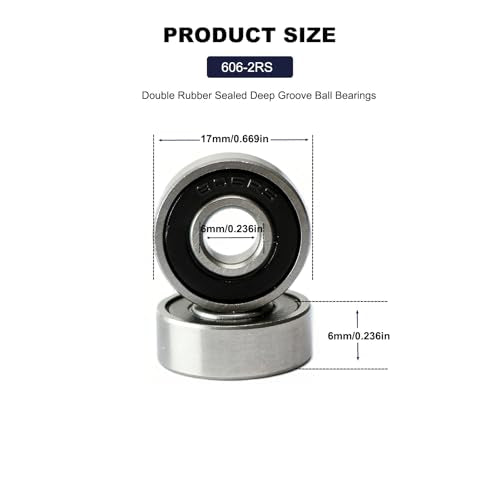 20 PCS 606-RS Double Shielded Ball Bearings 6x17x6 mm, High Speed Chrome Steel, Pre-Lubricated for Smooth RPM Performance - size: 606-RS