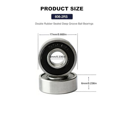 20 PCS 606-RS Double Shielded Ball Bearings 6x17x6 mm, High Speed Chrome Steel, Pre-Lubricated for Smooth RPM Performance - size: 606-RS