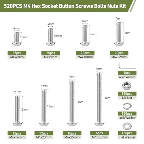 520PCS M4 Bolt Assortment Kit, Hex Socket Button Head Screws Nuts Bolts Washer Assortment Kit 304 Stainless Steel M4 x 6/8/10/12/16/20/25mm - size: M4 520PCS Button SS