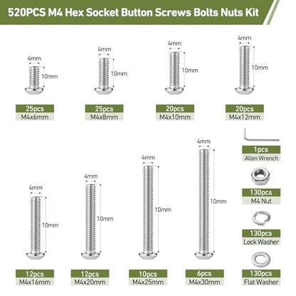 520PCS M4 Bolt Assortment Kit, Hex Socket Button Head Screws Nuts Bolts Washer Assortment Kit 304 Stainless Steel M4 x 6/8/10/12/16/20/25mm - size: M4 520PCS Button SS