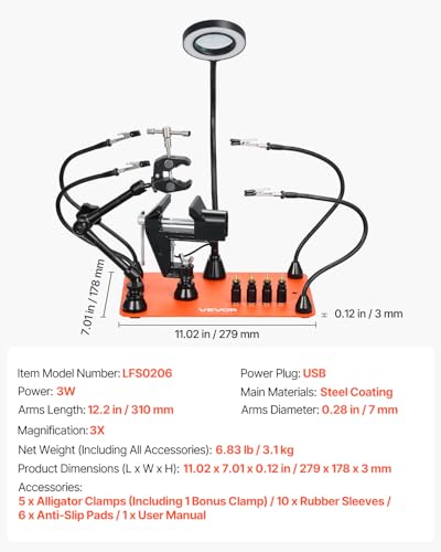 VEVOR Magnetic Helping Hands Soldering Station, 4 Arms Third Hand Tool, with Vise, 3X LED Magnifying Lamp, 4 PCB Holder & 360 Hot Air Gun Holder, Soldering Helper for Electronic Repair Craft Hobby DIY - style: with Heat Gun Holder and Vise
